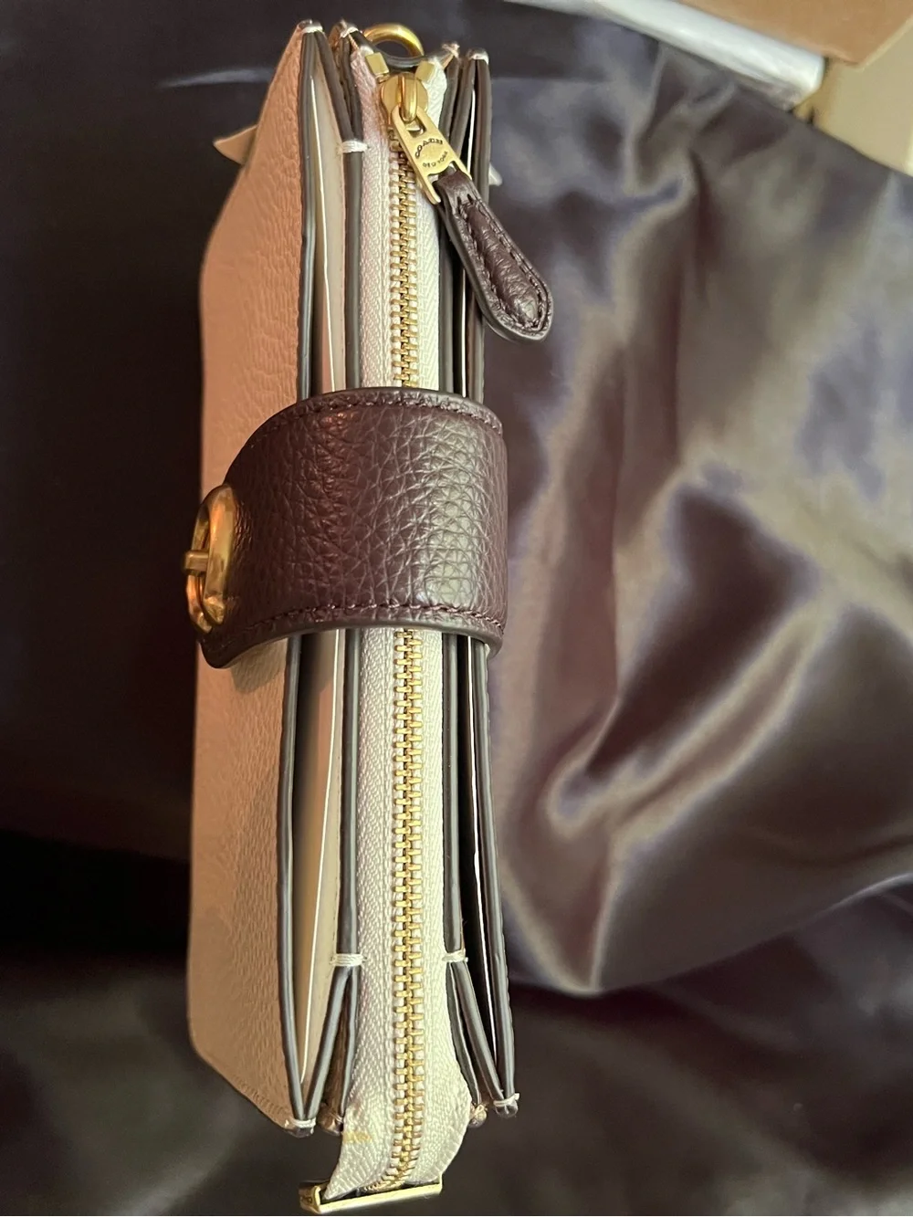 Coach Two-Tone Chalk & Dark Brown Pebbled Leather Crossbody & Gold Chain NWT